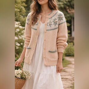 Vintage Handmade Peach & Sage Floral Knit Cardigan | Cottagecore Bobble Sweater